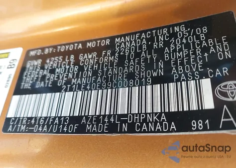 2009 Toyota Matrix S z USA, uszkodzony, nr VIN 2T1LE40E99C008019